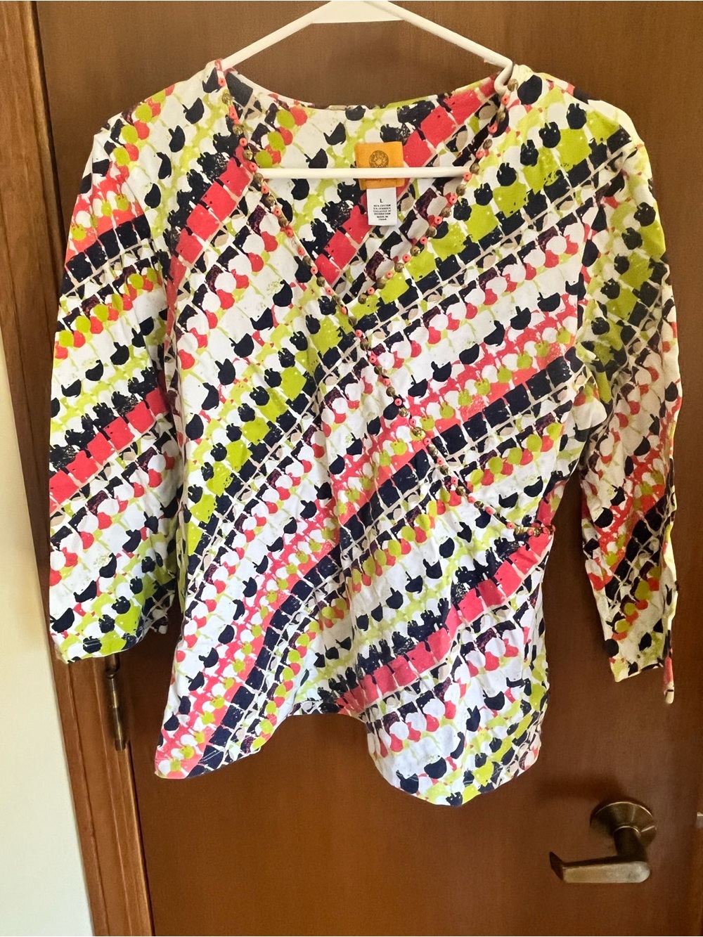 Bright Multi-Color womens Printed V-Neck Top